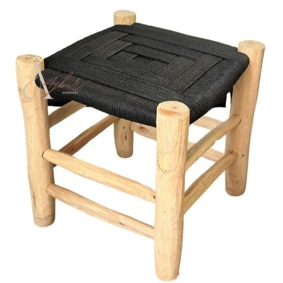 Tabouret artisanal Tazrout en bois et Kittane noir – Image 6