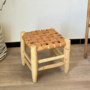 Tabouret artisanal Tazrout  en bois et cuir petit